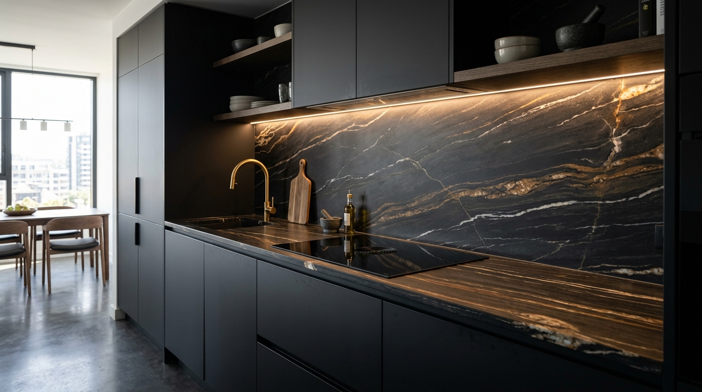 Marmixa Dekton Laurent & Laminam Noir Desir Siyah Porselen Mutfak Tezgahı Kesintisiz Desen Takibi
